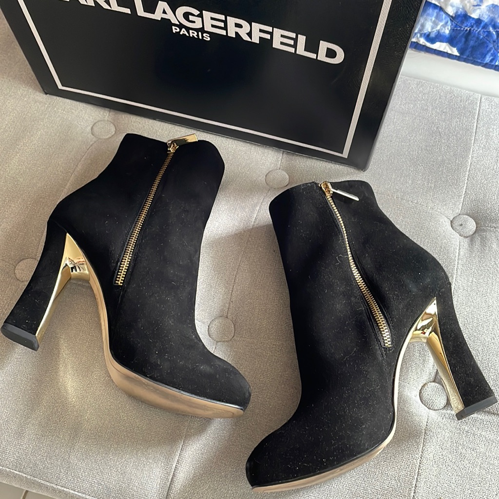 Karl Lagerfeld Suede Charliz Black Booties With Gold Details